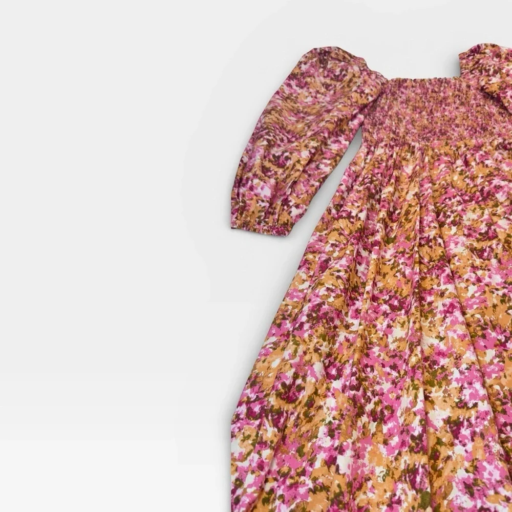 J. Crew Pink Floral Fit & Flare Long Sleeve Midi Dress 100% Cotton XSMALL